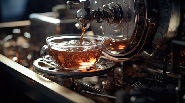 Coffee machine making espresso in cafe, closeup. Professional coffee brewing process