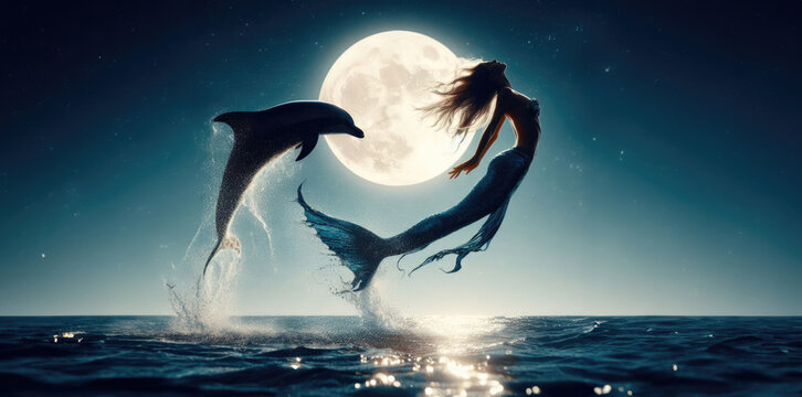 mermaid and dolphin silhouette jumping out of the water. back lit by a full moon. water ocean sea surface. vast ocean. long hair. water splash. moon reflection on the water. Sea Nymph, siren.