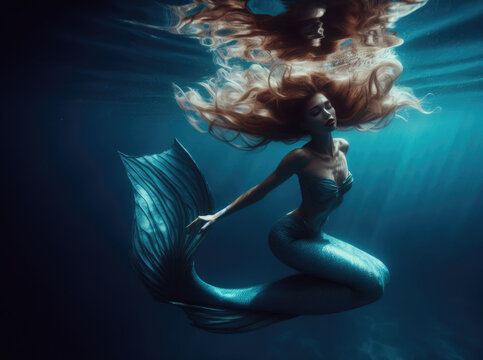 pretty mermaid underwater. princess or queen of the ocean sea. brown hair, red hair, long tail. prettiest mermaid goddess. water bubbles. blue ocean. 