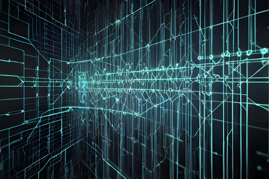 Abstract tech electronic virtual reality theme background with blue floating digital square grid laser lines and codes