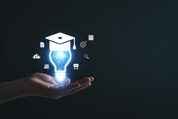 E-learning graduate certificate program concept. man holding lightbulb showing graduation hat, Internet education course degree, study knowledge to creative thinking idea and problem solving solution