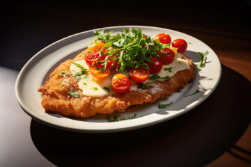 Authentic Italian food, veal Milanese (cotoletta alla milanese) close-up on a plate