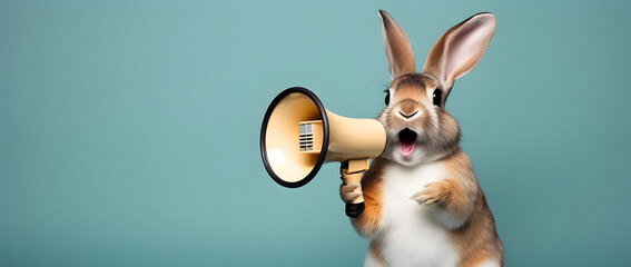 Rabbit announcing using hand speaker. Notifying, warning, announcement.