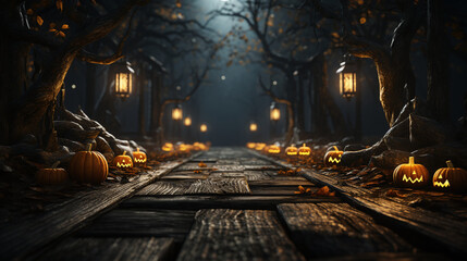 Haunted Halloween setting featuring bare wooden planks in the foreground.