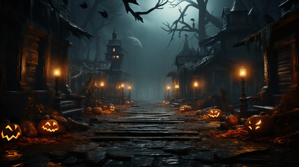 Eerie Halloween backdrop with vacant wooden boards in the front.