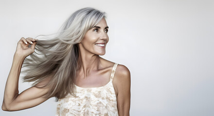 Beautiful elderly woman with long grey hair. Beauty, fashion and old people concept.