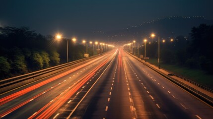 Fototapeta na wymiar Car light trails on the highway at night. glow lights on road