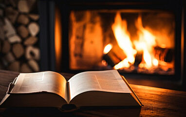 Open book near a burning fireplace in a cozy home, autumn vibe concept - obrazy, fototapety, plakaty