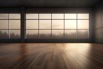 Empty room with wooden floor and panoramic window with city view
