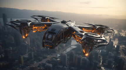 A futuristic flying drone taxi transports people over the city.