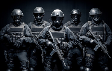 Special police unit SWAT team officer standing in a row. Masked Team of Armed SWAT Police Officers with Rifles are Posing After a Successful Office Building Siege. Soldiers Stand in a Row and Raise 