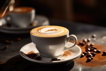 Cappuccino with frothy foam in the white ceramic cup