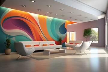 Lobby with meeting room and colored wall. Generative AI