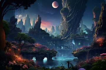Nighttime view of an enchanting Pandora-inspired planet with luminous flora and trees in a cinematic jungle. Generative AI - obrazy, fototapety, plakaty