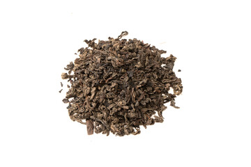 Dried tea leaves isolated on a white background.