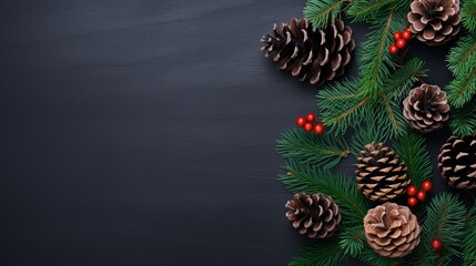 Beautifully arranged pinecones and evergreens in a flat lay style, offering an exquisite and serene empty space for flexible design utilization and winter-themed projects.