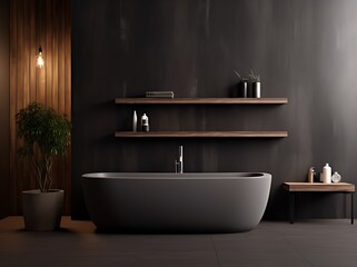 Interior of modern bathroom with black walls, concrete floor, comfortable black bathtub standing near wooden shelves with towels and bottles. 3d rendering