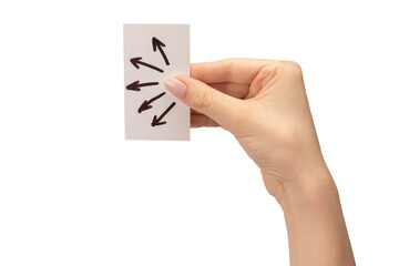 Arrow sign on a card in a woman hand isolated.
