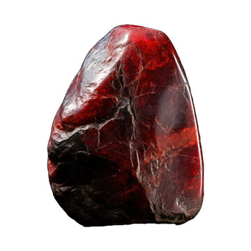 A vivid red stone with a polished, glossy surface and intricate texture is displayed on a transparent background. Generative AI
