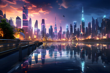 Obraz premium A futuristic city at sunset in neon lights 