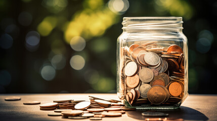 Coins in a glass jar on blurred background. Saving concept. - obrazy, fototapety, plakaty