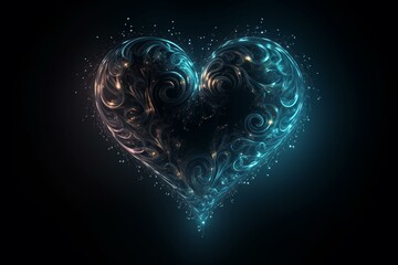 Artistic glowing heart shape on dark background. Generative AI