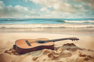 a beach scene featuring a guitar. Generative AI