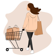 A girl goes shopping with a cart with packages. Vector flat illustration of marketing concept.