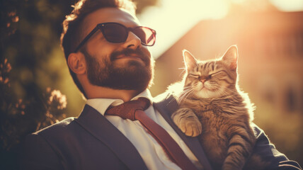 Businessman in suit wearing sunglasses and enjoying warm summer sunlight with his cat.