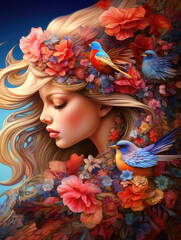portrait of a woman with flowers and birds in hair shamanism feminine gaia - by generative ai