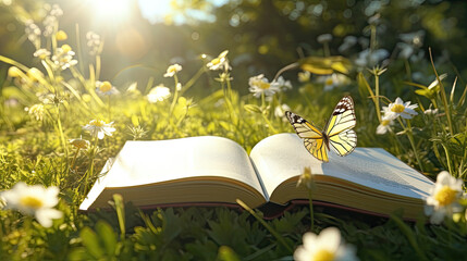 open book on the meadow grass butterfly summer reading literature poetry - by generative ai - obrazy, fototapety, plakaty