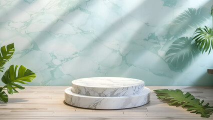 Original beautiful background image for presentations product with natural composition. Marble pedestal and green twigs on wooden base against wall with shadow of tropical leaves.