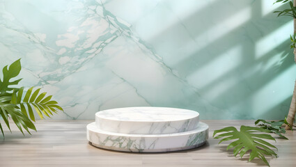Original beautiful background image for presentations product with natural composition. Marble pedestal and green twigs on wooden base against wall with shadow of tropical leaves.