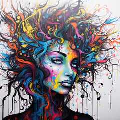 lady woman graffiti grunge street art colorful - by generative ai