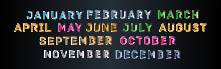 Set of All Twelve Annual Month Yearly Names. Type Treatment Design. Gradient Vector Design in Color on Black Background. Eps10