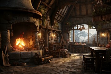 Atmospheric medieval tavern with food, drink, fireplace, candles, and daylight through a window. Generative AI