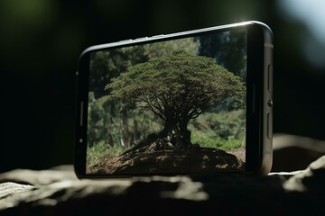 A close-up of a cellphone displaying an image of a tree with another cellphone layered on top. Generative AI