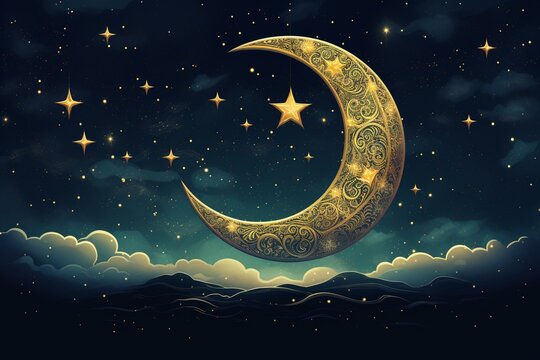 Illustration of a shining crescent against a starry night sky in Ramadan. Generative AI