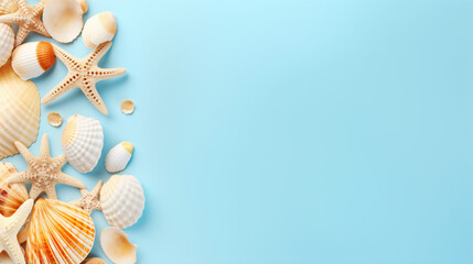 Beach seashells on colored background - obrazy, fototapety, plakaty