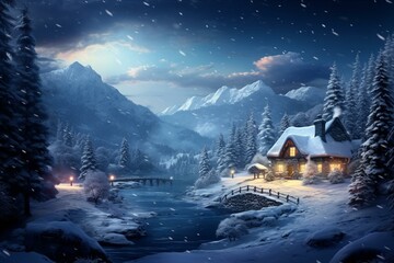 Snowy winter night scenery. Generative AI