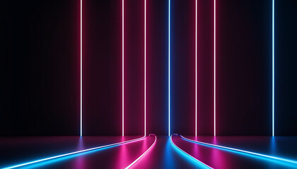  Abstract minimal neon background with glowing wavy line in a 3D render. LED lamps are used to illuminate a dark wall. futuristic blue wallpaper