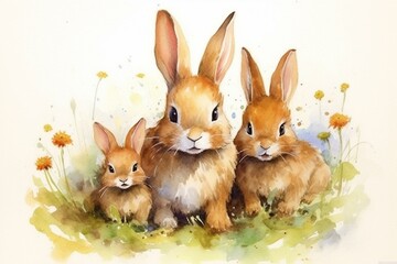 Art: watercolor painting of rabbit mother with cute bunnies. Generative AI