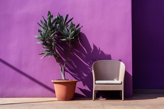 Image of purple wall, chair, and plant. Generative AI
