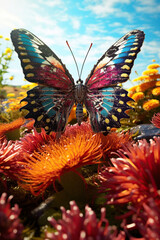 A Symphony of Colors: Butterfly Amidst Blooming Flowers