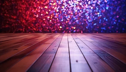 Foto op Canvas Wooden table with blurred bokeh background and neon light. © terra.incognita