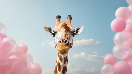 Beautiful African giraffe blowing bubble gum - obrazy, fototapety, plakaty