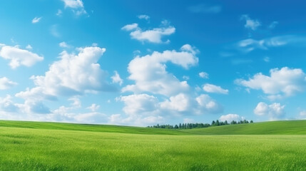 Obraz premium Beautiful natural scenic panorama green field of cut grass into and blue sky with clouds on horizon.