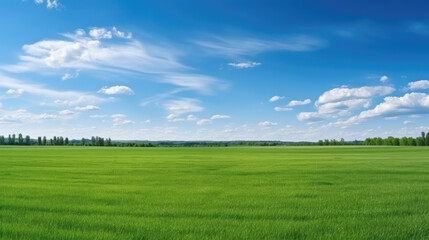 Beautiful natural scenic panorama green field of cut grass into and blue sky with clouds on horizon.