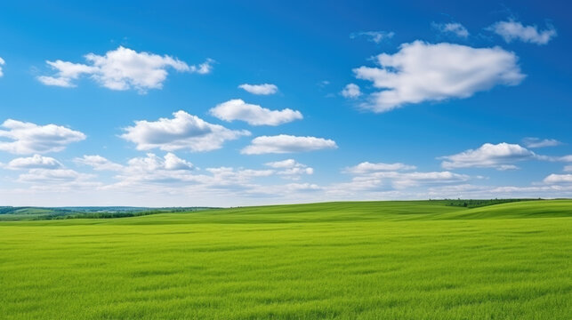 Beautiful natural scenic panorama green field of cut grass into and blue sky with clouds on horizon.