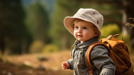 A baby dons hiking gear and a hat - obrazy, fototapety, plakaty